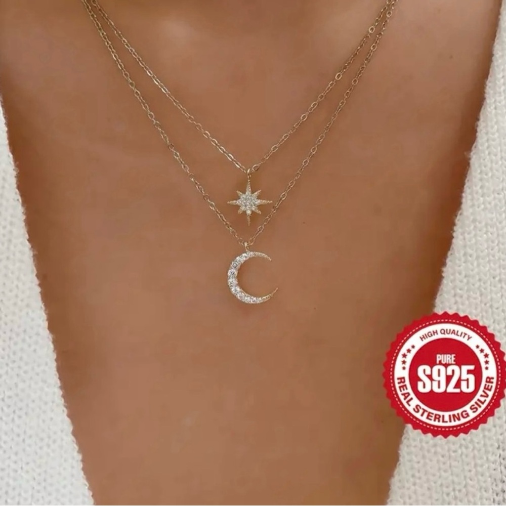 925 Sterling Silver 18L Gold Plated
Double Layer Star Moon Cubic Zircon
Necklace